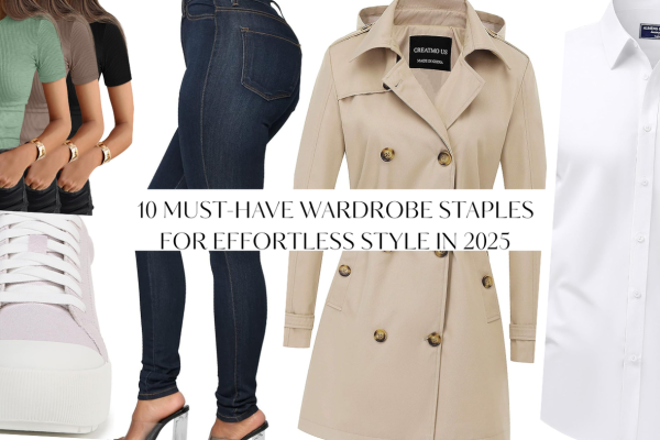 A neatly arranged flat lay of 10 essential wardrobe staples for 2025: white button-down shirt, dark jeans, black blazer, white sneakers, little black dress, trench coat, ankle boots, tote bag, neutral T-shirt, and gold hoop earrings on a light neutral background.