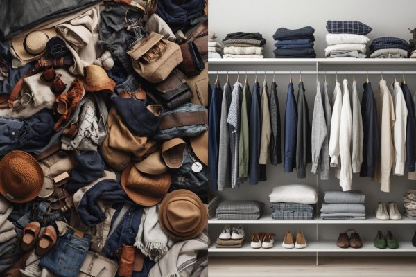 Flat lay of budget-friendly capsule wardrobe essentials: white t-shirt, black trousers, denim jeans, neutral cardigan, and ankle boots on a light wood surface."