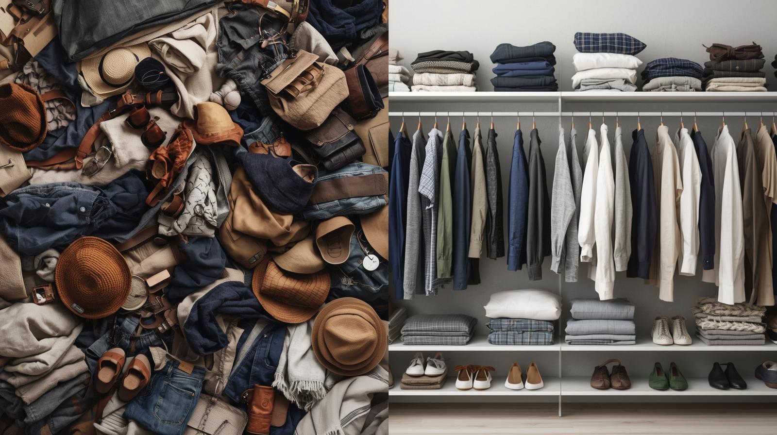Flat lay of budget-friendly capsule wardrobe essentials: white t-shirt, black trousers, denim jeans, neutral cardigan, and ankle boots on a light wood surface."