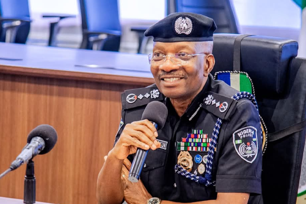 Inspector-General of Police Kayode Adeolu Egbetokun in official police uniform delivering a public statement at Police Force Headquarters in Abuja, Nigeria.