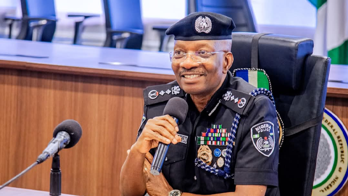 Inspector-General of Police Kayode Adeolu Egbetokun in official police uniform delivering a public statement at Police Force Headquarters in Abuja, Nigeria.