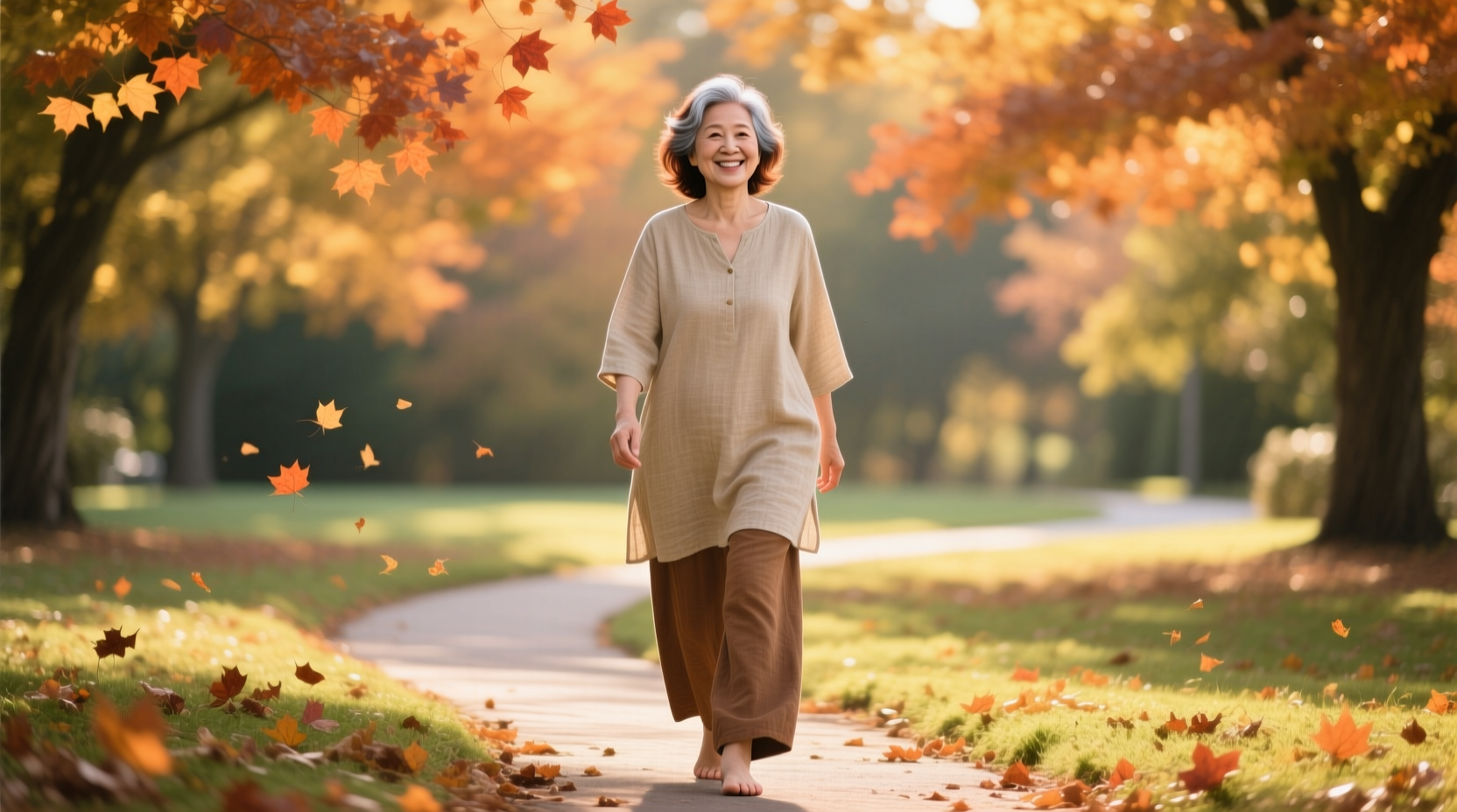 A confident, smiling woman in her 50s enjoying a peaceful morning walk in nature, symbolizing wellness and empowerment during menopause.”