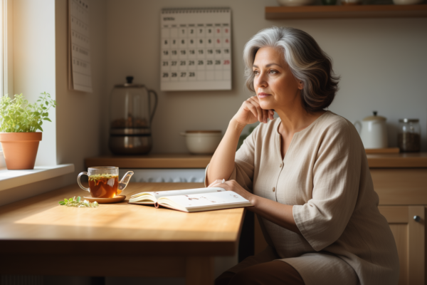 A thoughtful woman in her late 40s sitting peacefully with a journal, surrounded by soft morning light—symbolizing reflection and awareness during the perimenopause-to-menopause transition.