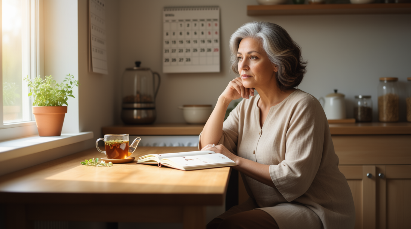 A thoughtful woman in her late 40s sitting peacefully with a journal, surrounded by soft morning light—symbolizing reflection and awareness during the perimenopause-to-menopause transition.