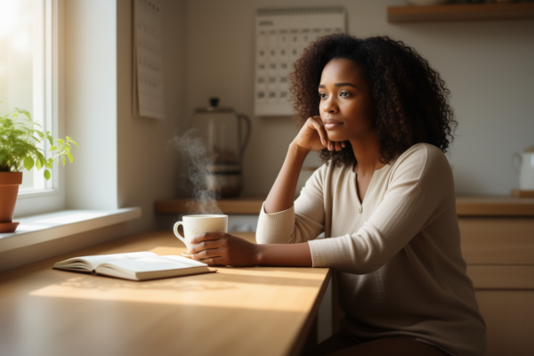 A compassionate, diverse woman in her early 40s sitting by a window with a warm cup of tea, looking thoughtful yet resilient—symbolizing strength and self-care during early menopause.
