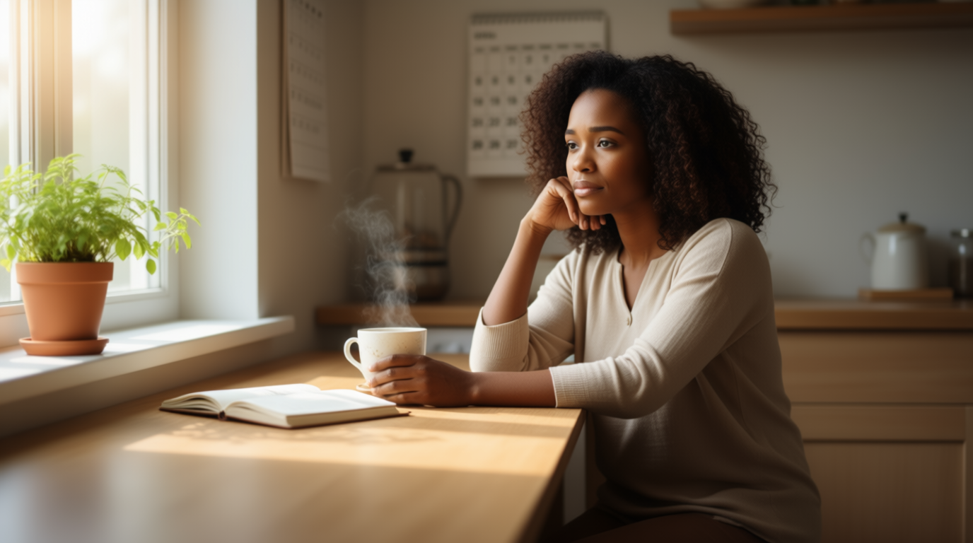 A compassionate, diverse woman in her early 40s sitting by a window with a warm cup of tea, looking thoughtful yet resilient—symbolizing strength and self-care during early menopause.