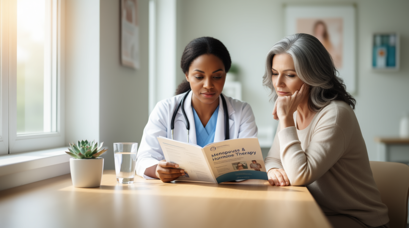 A calm, professional woman in her 50s consulting with a healthcare provider, holding a brochure about hormone therapy—symbolizing informed decision-making and personalized menopause care.
