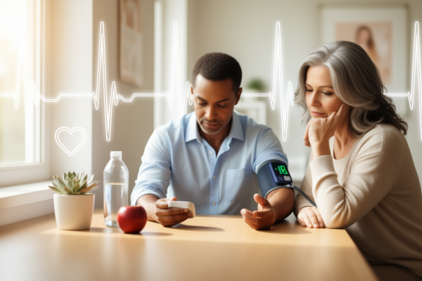 A middle-aged man checking his blood pressure at home with a digital monitor, smiling confidently, symbolizing proactive heart health management for men.
