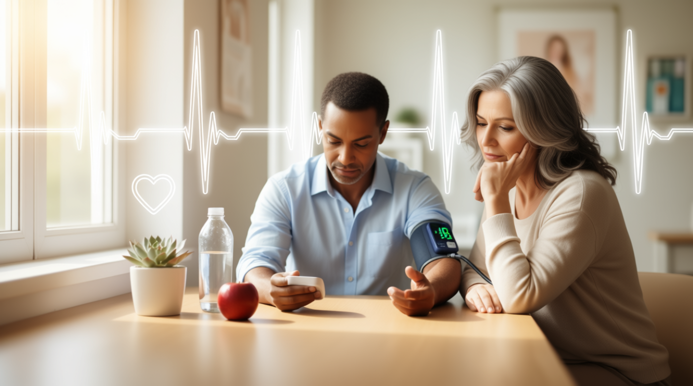 A middle-aged man checking his blood pressure at home with a digital monitor, smiling confidently, symbolizing proactive heart health management for men.