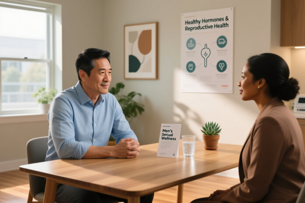 A confident, healthy middle-aged man in a light blue shirt thoughtfully reviewing sexual health information with a healthcare provider in a bright, welcoming clinic—symbolizing proactive care for libido, fertility, and STI prevention.