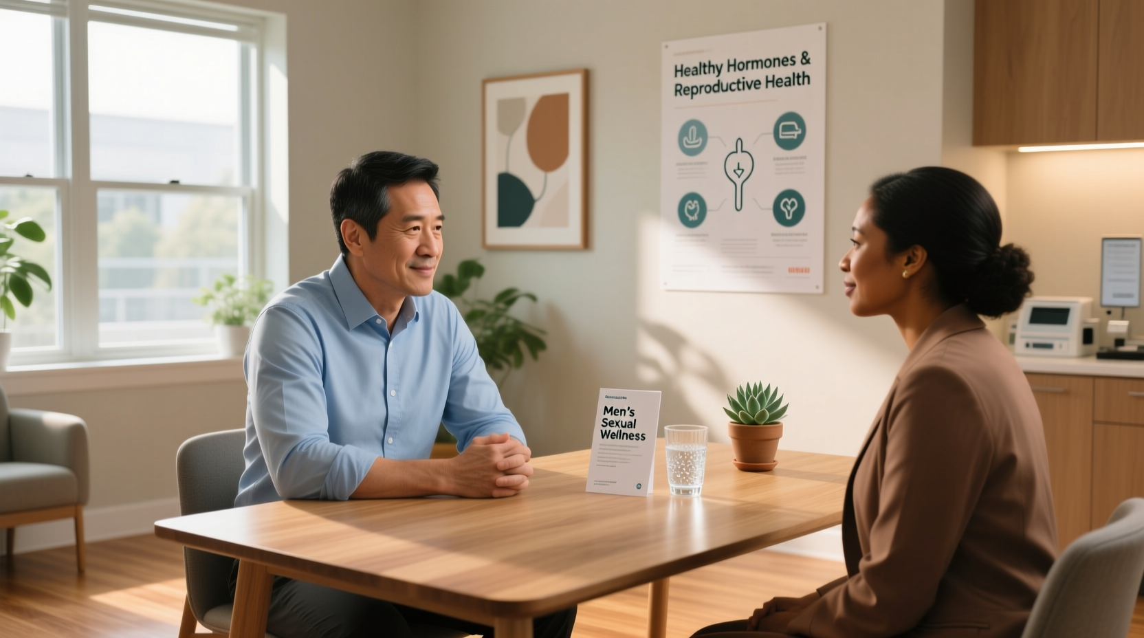 A confident, healthy middle-aged man in a light blue shirt thoughtfully reviewing sexual health information with a healthcare provider in a bright, welcoming clinic—symbolizing proactive care for libido, fertility, and STI prevention.