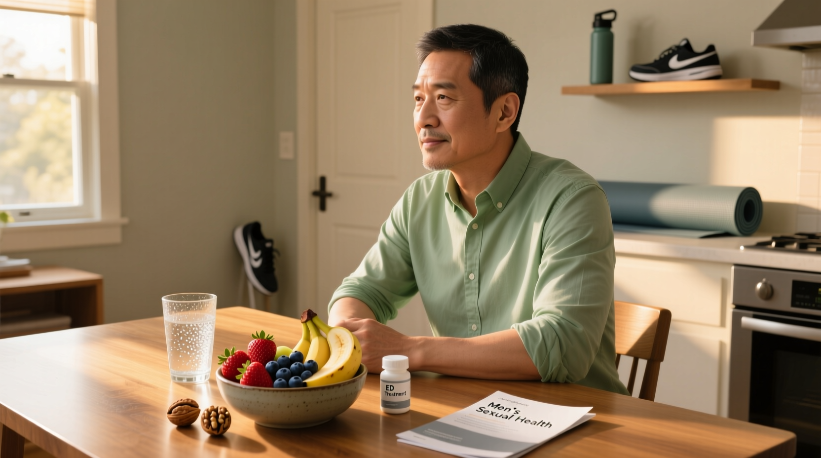 A confident, healthy man in his 50s wearing a light green shirt, sitting thoughtfully at a sunlit kitchen table with a glass of water, fresh fruit, and a small bottle of prescribed ED medication, symbolizing a balanced approach to natural and medical erectile dysfunction management.
