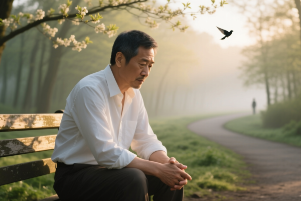 A thoughtful, middle-aged man with short dark hair sitting alone on a park bench at sunrise, looking calm but introspective—symbolizing reflection, emotional honesty, and the quiet strength of seeking mental health support.