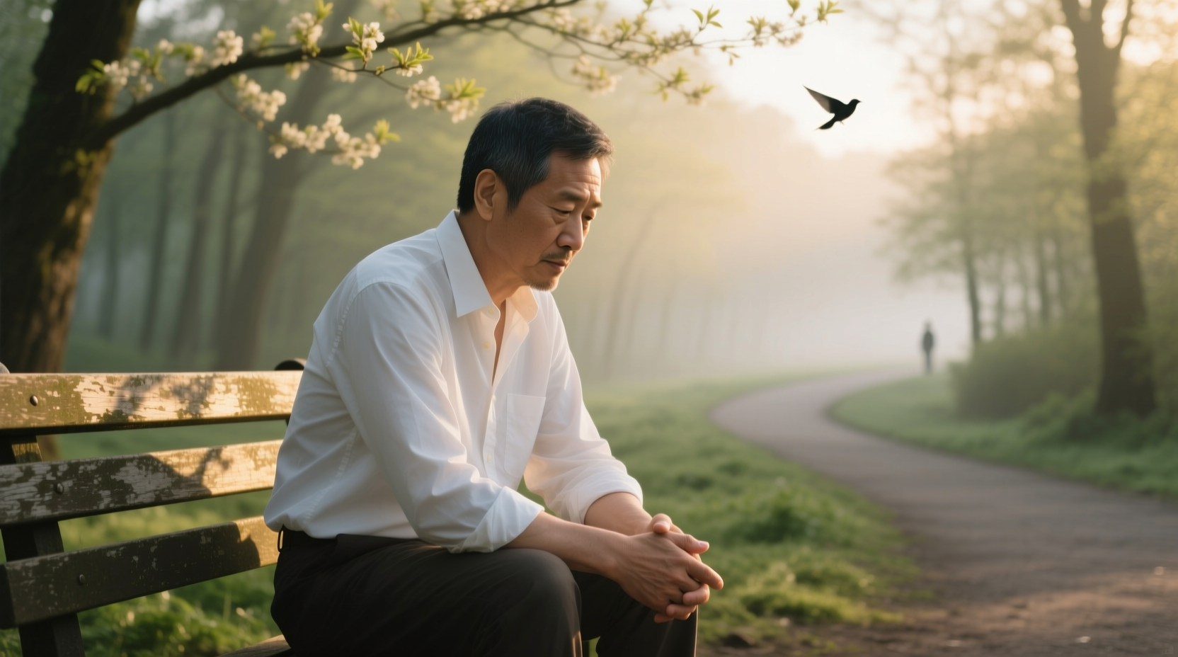 A thoughtful, middle-aged man with short dark hair sitting alone on a park bench at sunrise, looking calm but introspective—symbolizing reflection, emotional honesty, and the quiet strength of seeking mental health support.