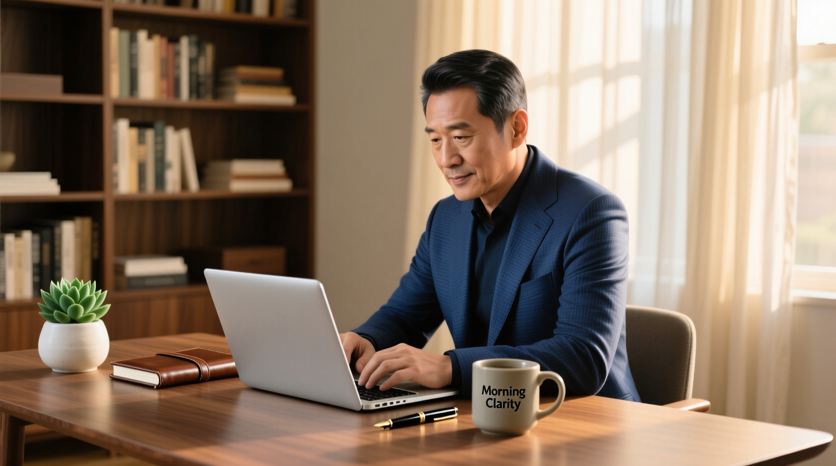 A focused entrepreneur working on a laptop at a tidy home desk during early morning hours, with a notebook, coffee, and planner—symbolizing smart part-time business planning and disciplined side hustle success.
