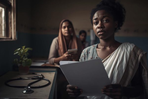 A concerned woman holding a medical file in a clinic, symbolizing the real-life health consequences of restricted abortion access in Nigeria and other regions with strict reproductive laws.