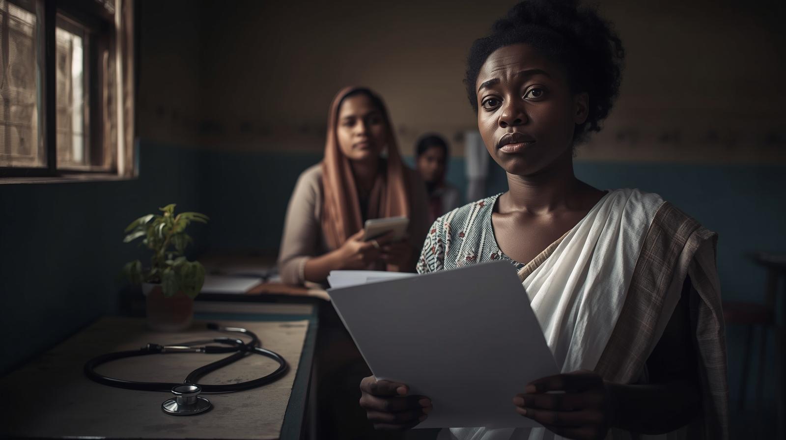 A concerned woman holding a medical file in a clinic, symbolizing the real-life health consequences of restricted abortion access in Nigeria and other regions with strict reproductive laws.