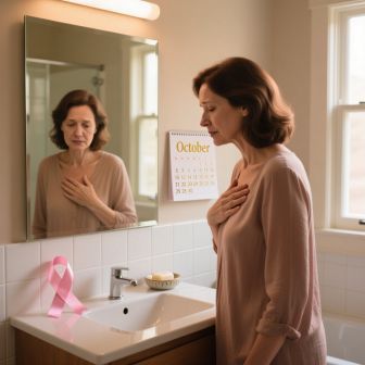 A woman gently placing her hand on her breast during a self-check, symbolizing breast cancer awareness and early detection.