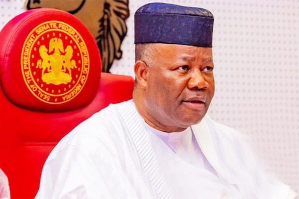 Senate President Godswill Akpabio addressing lawmakers in the Nigerian Senate chamber, symbolizing leadership and legislative order.