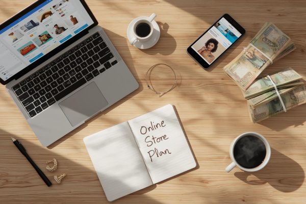 A young Nigerian entrepreneur smiling while working on a laptop with product packages, a smartphone showing an online store dashboard, and Nigerian naira notes neatly arranged on a desk—symbolizing a low-budget e-commerce startup.