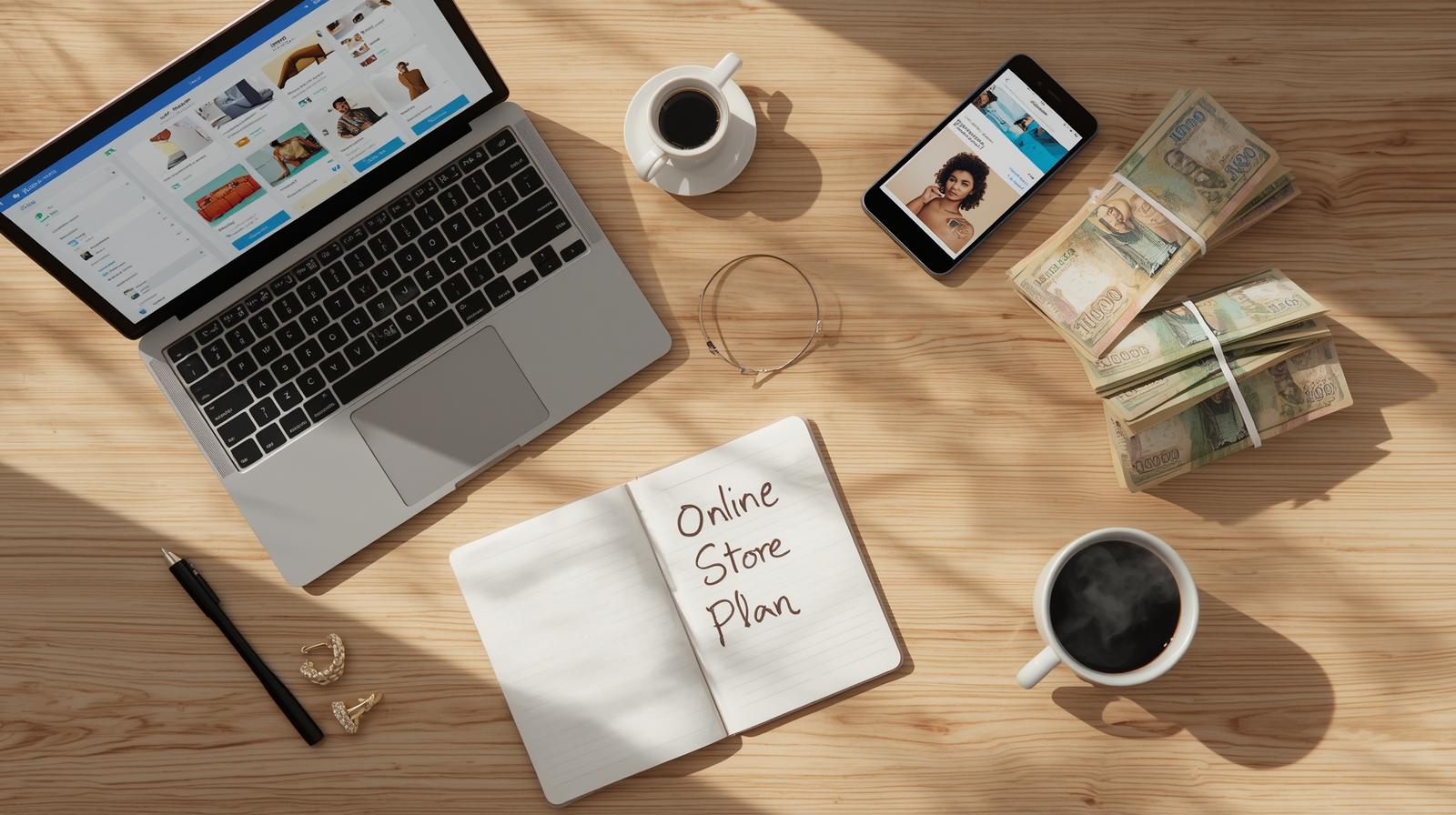 A young Nigerian entrepreneur smiling while working on a laptop with product packages, a smartphone showing an online store dashboard, and Nigerian naira notes neatly arranged on a desk—symbolizing a low-budget e-commerce startup.