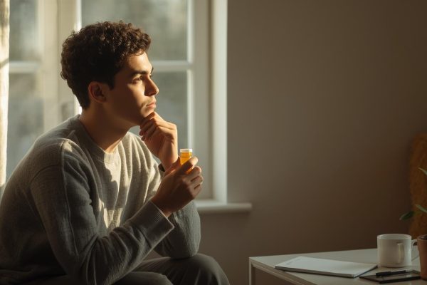 A thoughtful person holding a small pill bottle while sitting near a window with sunlight, symbolizing the personal and nuanced decision around mental health medication.