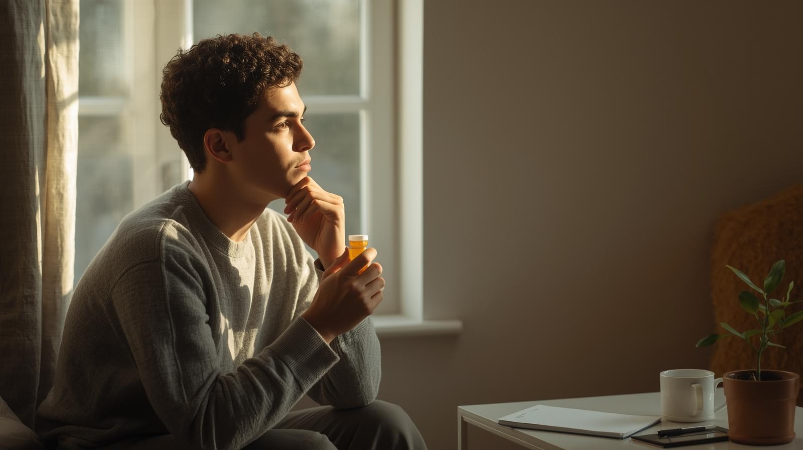 A thoughtful person holding a small pill bottle while sitting near a window with sunlight, symbolizing the personal and nuanced decision around mental health medication.
