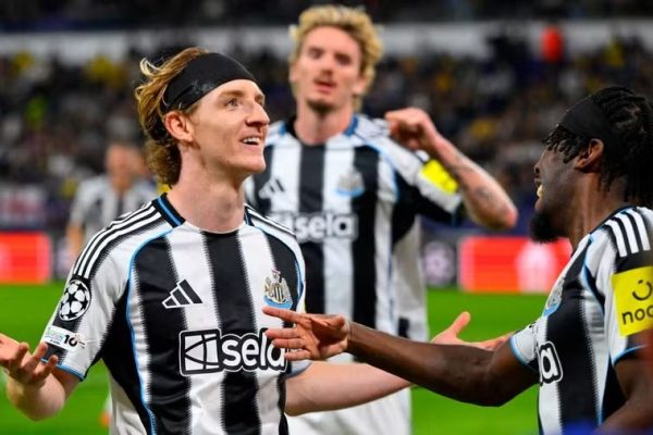 Newcastle United players celebrate a goal during their 4-0 UEFA Champions League victory over Royale Union SG in Brussels.