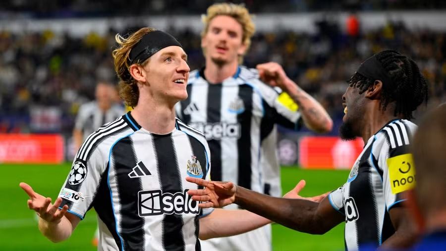 Newcastle United players celebrate a goal during their 4-0 UEFA Champions League victory over Royale Union SG in Brussels.