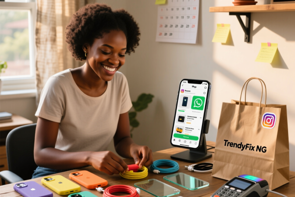 Young Nigerian entrepreneur smiling while arranging phone cases, chargers, and power banks on a neatly organized table at home, ready to start a profitable phone accessories business with less than ₦1 million."