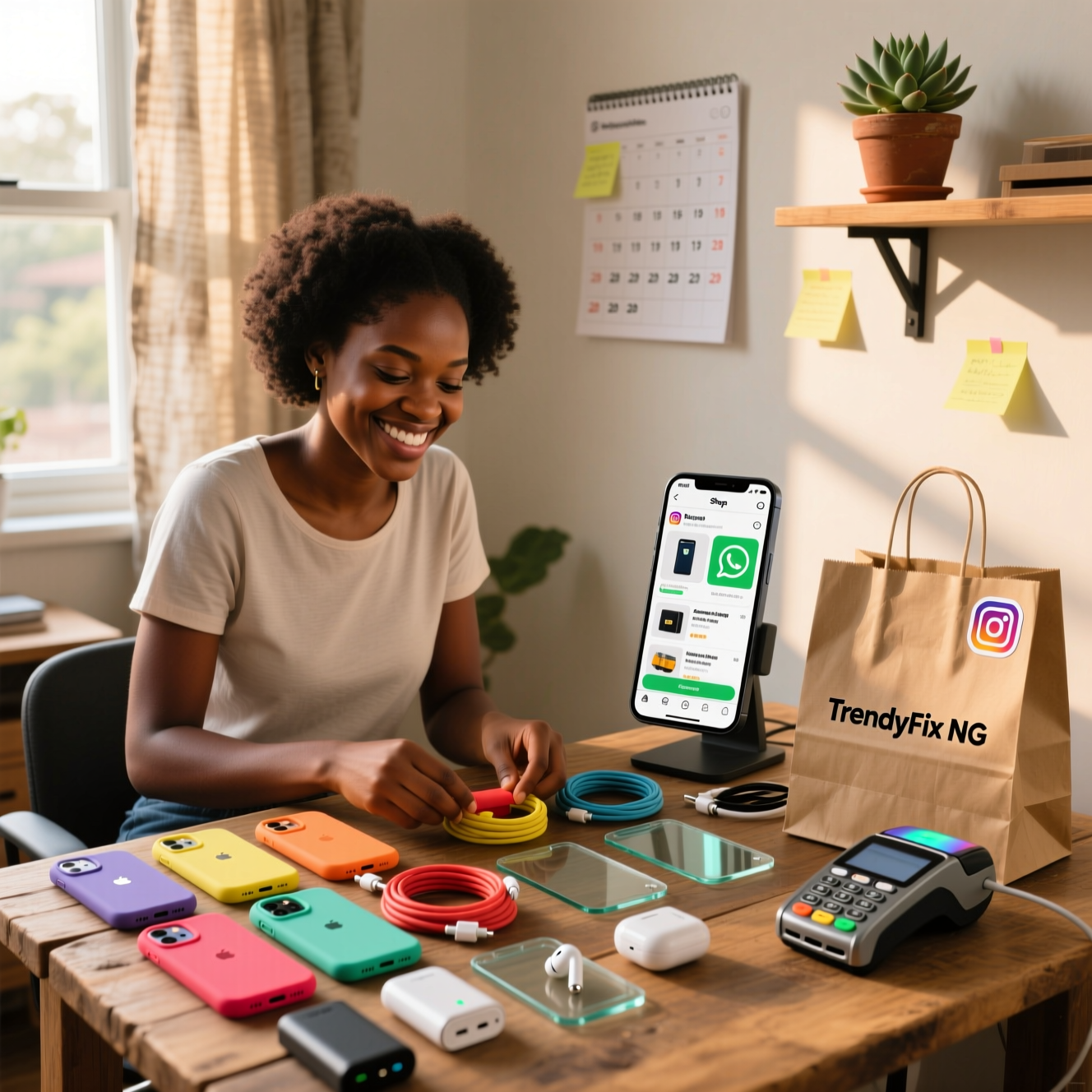 Young Nigerian entrepreneur smiling while arranging phone cases, chargers, and power banks on a neatly organized table at home, ready to start a profitable phone accessories business with less than ₦1 million."
