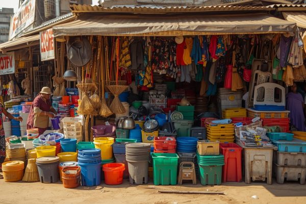 A Lagos market vendor proudly displaying rows of colorful plastic chairs, storage bins, and kitchen utensils—typical affordable home items found in local markets."