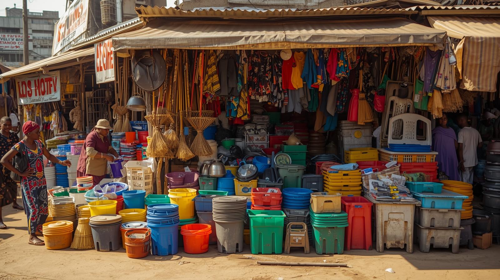 A Lagos market vendor proudly displaying rows of colorful plastic chairs, storage bins, and kitchen utensils—typical affordable home items found in local markets."