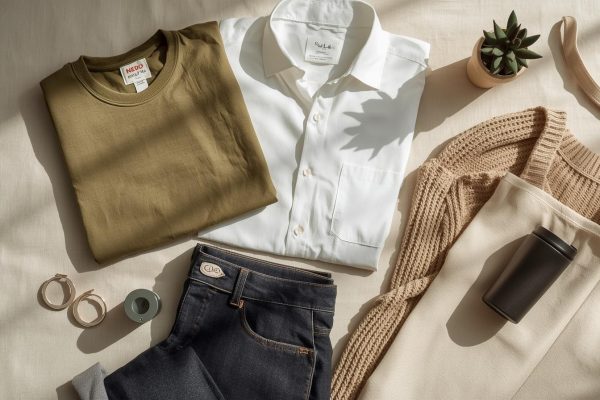 A flat lay of sustainable fashion essentials on a light beige linen background, including an olive T-shirt, dark jeans, white button-down shirt, beige sweater, canvas tote, gold hoop earrings, a potted succulent, and a reusable coffee cup—arranged neatly in natural light.