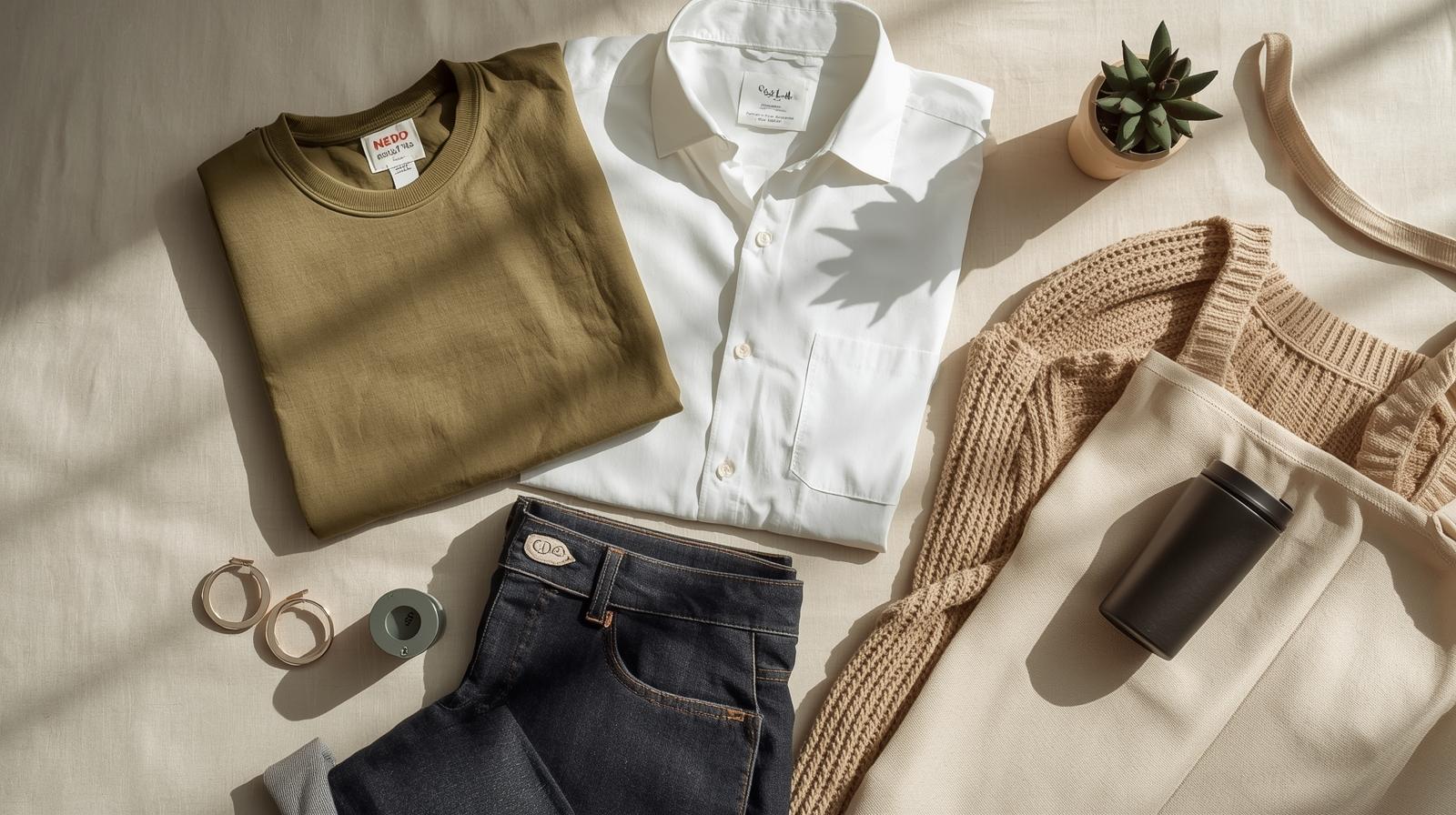 A flat lay of sustainable fashion essentials on a light beige linen background, including an olive T-shirt, dark jeans, white button-down shirt, beige sweater, canvas tote, gold hoop earrings, a potted succulent, and a reusable coffee cup—arranged neatly in natural light.