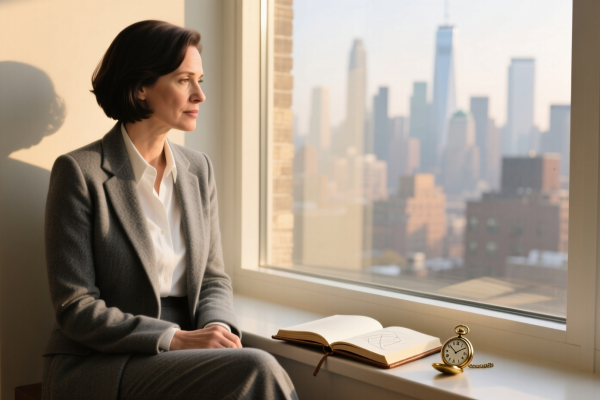 A thoughtful woman in her late 30s sitting by a sunlit window, journal in hand, with a soft urban backdrop—embodying calm reflection on fertility and time.