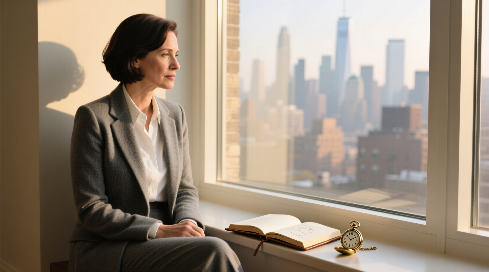 A thoughtful woman in her late 30s sitting by a sunlit window, journal in hand, with a soft urban backdrop—embodying calm reflection on fertility and time.