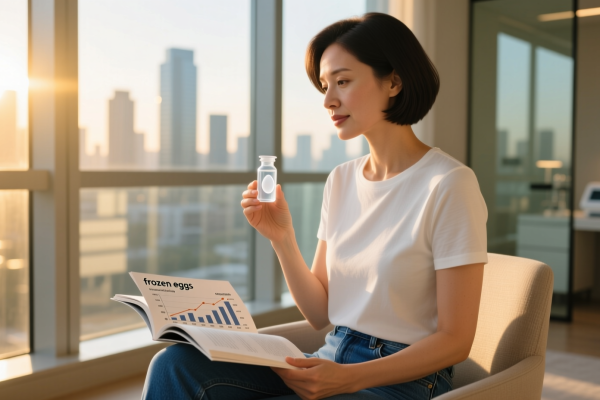 A calm, professional woman in her early 30s wearing a tailored gray wool suit and white Oxford shirt gazes thoughtfully at a small vial labeled "frozen eggs" held gently in her hand. Soft natural light from a city window illuminates her face, evoking dignity, clarity, and quiet empowerment. The background is softly blurred with hints of a modern clinic and personal journal nearby.