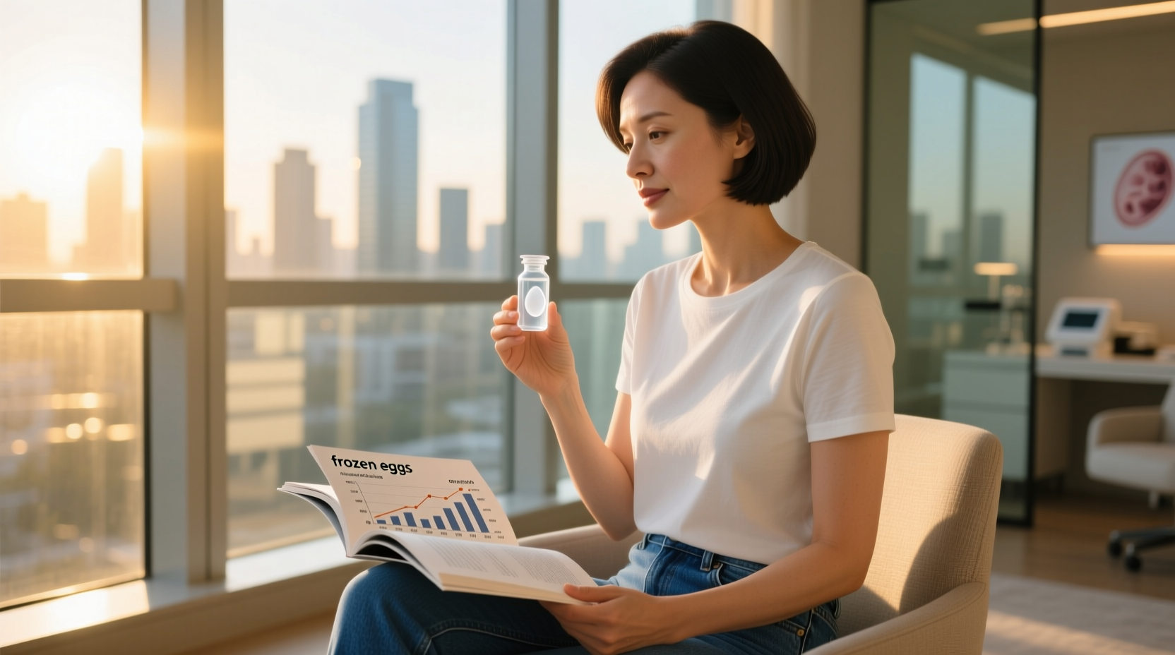 A calm, professional woman in her early 30s wearing a tailored gray wool suit and white Oxford shirt gazes thoughtfully at a small vial labeled "frozen eggs" held gently in her hand. Soft natural light from a city window illuminates her face, evoking dignity, clarity, and quiet empowerment. The background is softly blurred with hints of a modern clinic and personal journal nearby.