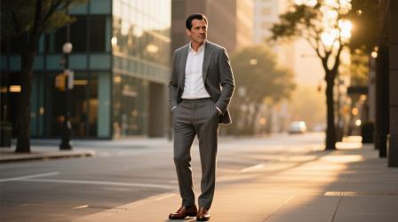 A well-dressed man in his late 40s stands confidently in a tailored GRAY with soft, natural lighting, contrasted subtly with a blurred background showing a man in clean but affordable workwear, both looking toward the horizon with equal dignity. quiet luxury critique.