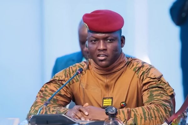 Burkina Faso military junta leader Captain Ibrahim Traoré during an official announcement at the presidential palace in Ouagadougou.