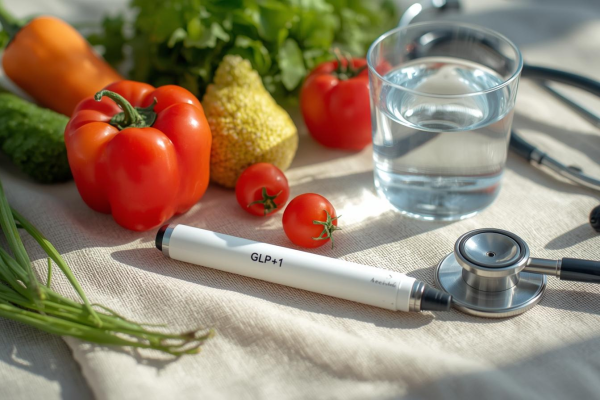 A clean, professional medical illustration showing a GLP-1 medication pen beside fresh vegetables, a water glass, and a stethoscope on a light neutral background, symbolizing science-backed, holistic weight management.