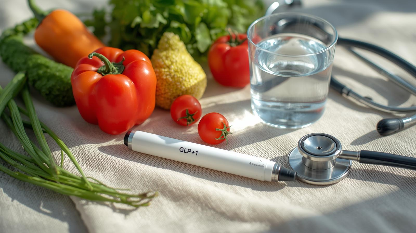 A clean, professional medical illustration showing a GLP-1 medication pen beside fresh vegetables, a water glass, and a stethoscope on a light neutral background, symbolizing science-backed, holistic weight management.