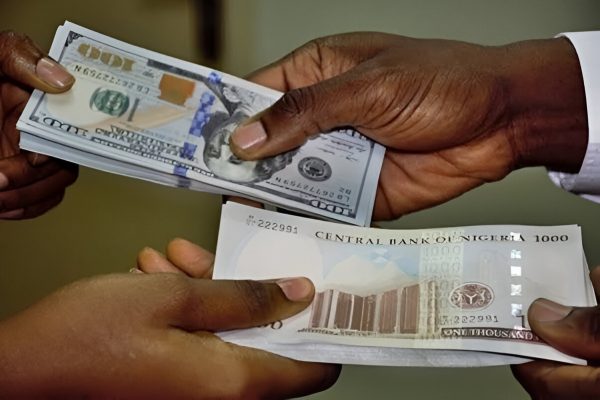 Picture displaying Nigerian naira note being exchanged with the dollar