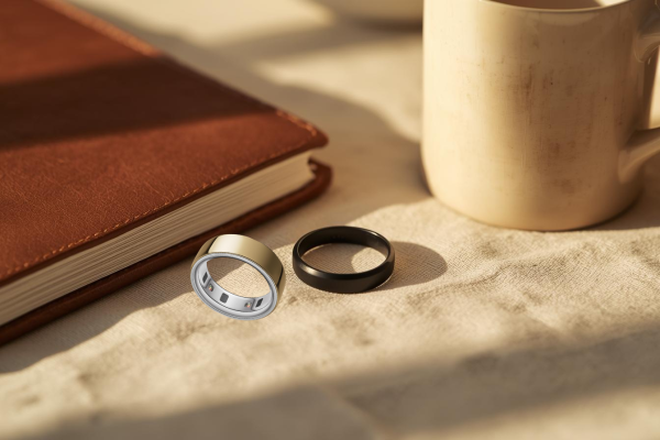 A matte black Oura Ring resting on a clean, neutral-toned surface beside a leather-bound journal and a steaming ceramic mug, bathed in soft golden-hour light—symbolizing calm, intentionality, and intelligent wellness.