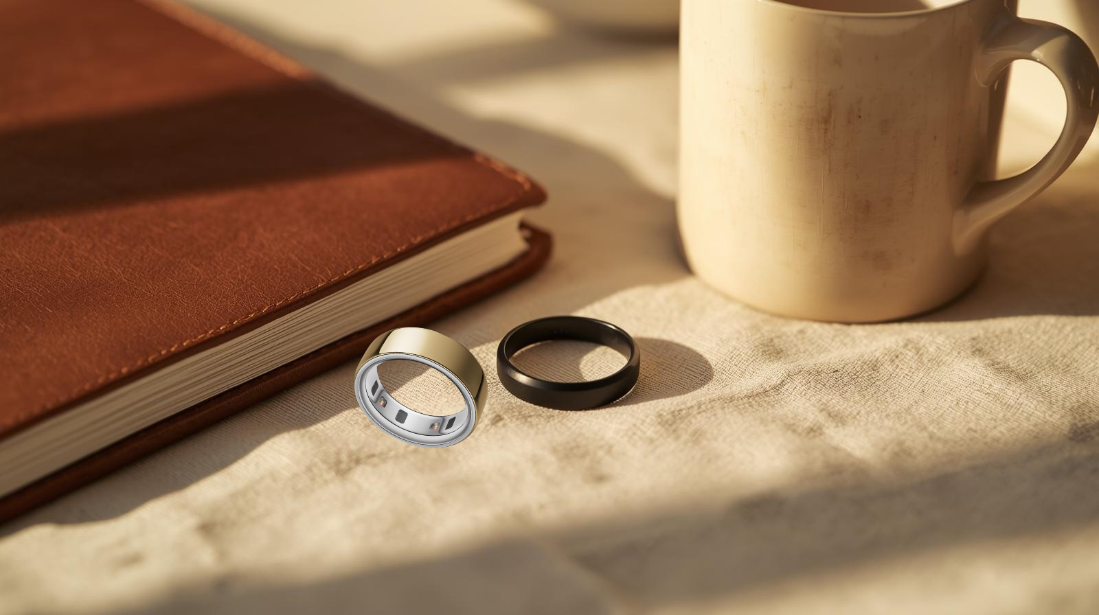 A matte black Oura Ring resting on a clean, neutral-toned surface beside a leather-bound journal and a steaming ceramic mug, bathed in soft golden-hour light—symbolizing calm, intentionality, and intelligent wellness.