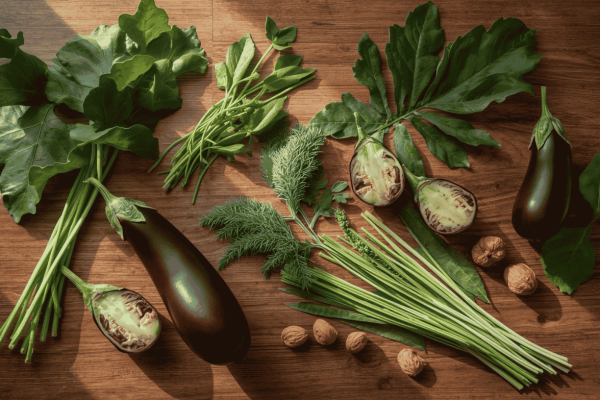 Food as Medicine: Assortment of Nigerian superfoods including fresh ugwu leaves, bitter leaf, garden eggs, moringa, and African walnuts arranged on wooden surface.