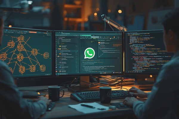 Cybersecurity researchers analyzing code on multiple monitors while reviewing WhatsApp's encryption architecture and metadata handling practices.