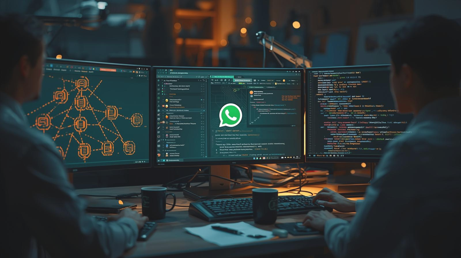 Cybersecurity researchers analyzing code on multiple monitors while reviewing WhatsApp's encryption architecture and metadata handling practices.