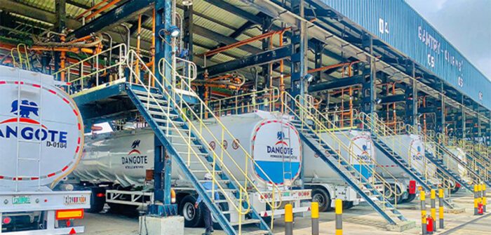Dangote Refinery facility in Lekki, Lagos, with fuel tankers lined up at the gantry during commercial operations
